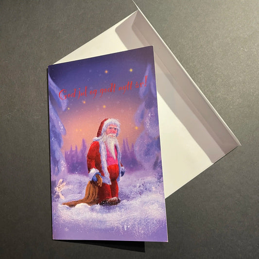 Julekort Julenisse på vei hjem